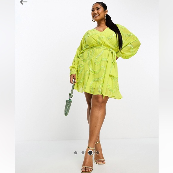 ASOS DESIGN Curve rouleaux loop tie waist mini dress with swirl embellishment - Picture 3 of 3